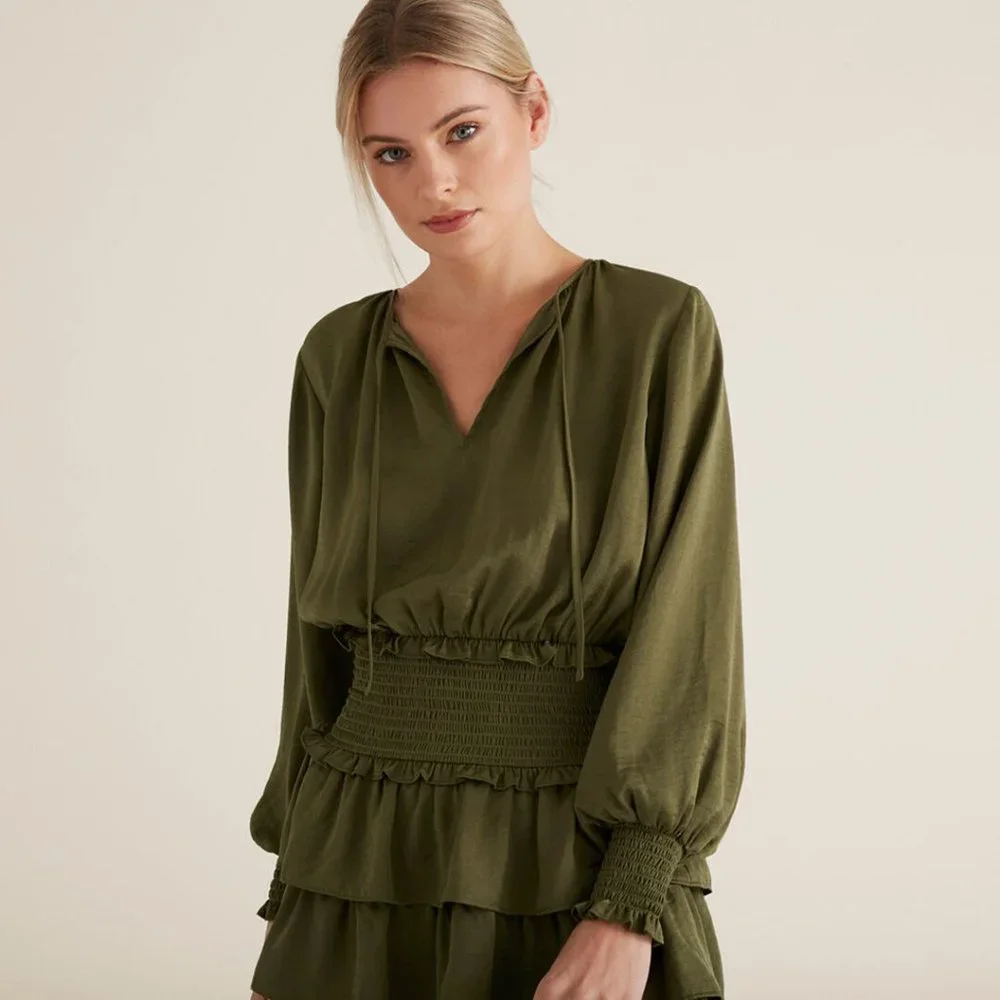 SEED HERITAGE Khaki Green Tiered Frill Long Sleeve Mini Dress - Picture 5 of 13